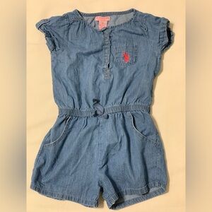 U.S. Polo Association kids denim romper with pockets! Soft and stylish. Size 4T